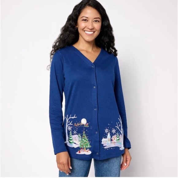 Quacker Factory Women’s Medium A White Christmas V-Neck Cardigan Navy - Picture 8 of 8